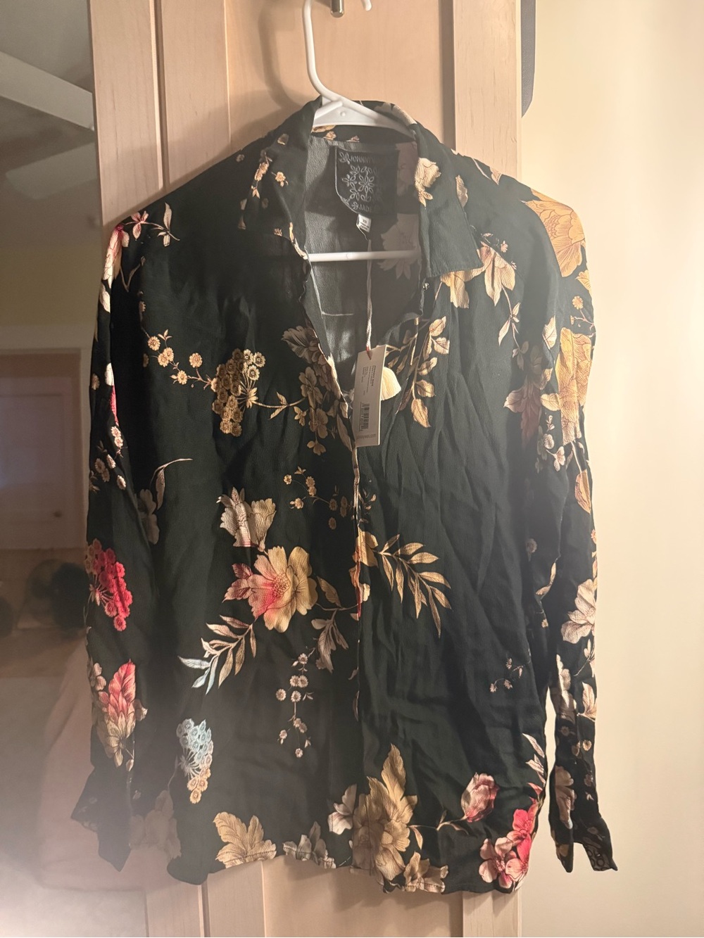 Jade Black Floral Button-Up Top with Gold & Pink Blooms
